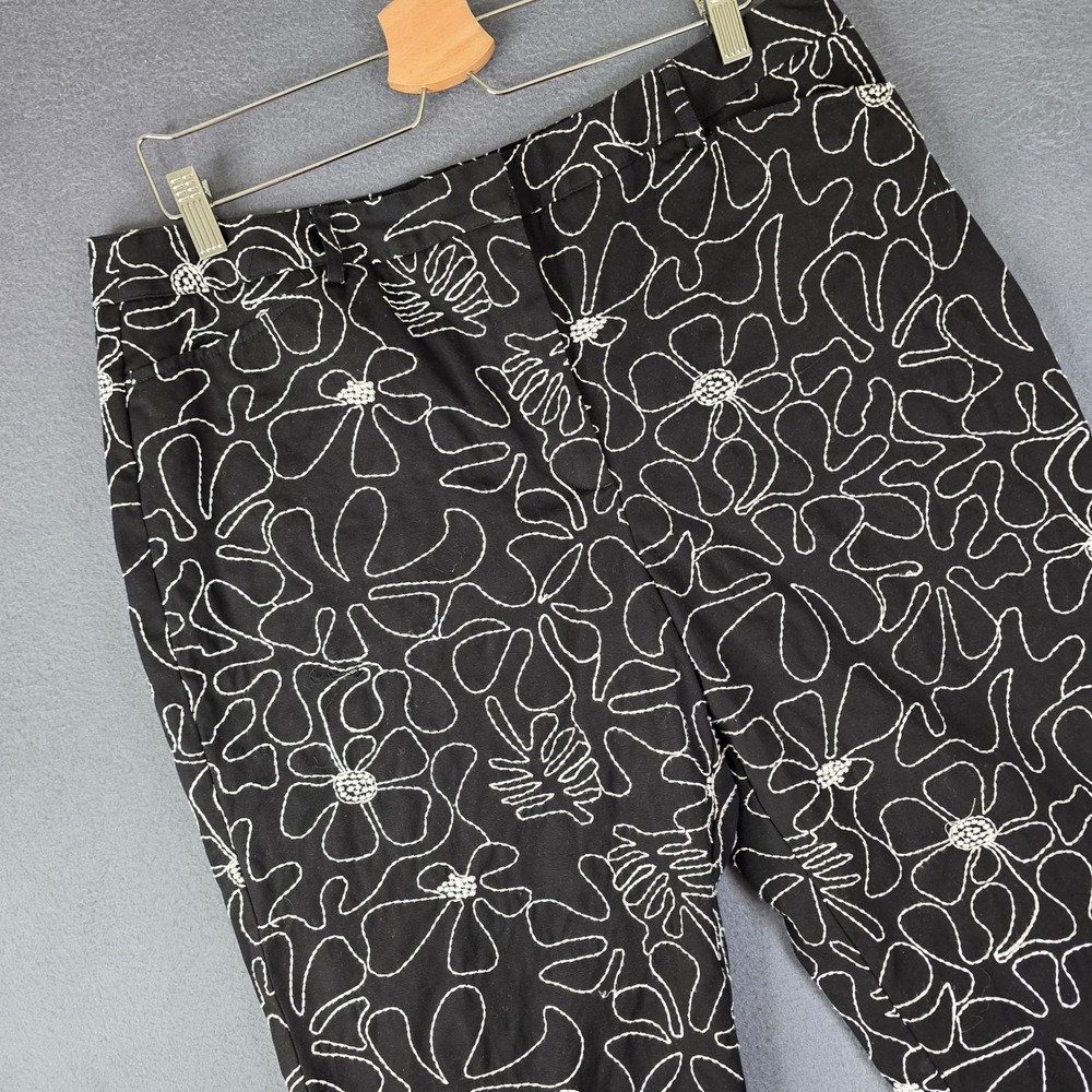 Talbots Crop Pants Women 16 Black Excellent Embroidered Floral All Over Cotton